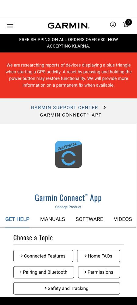 Une capture d'écran de l'application de Garmin qui reconnaît le problème mais ne propose aucune solution.