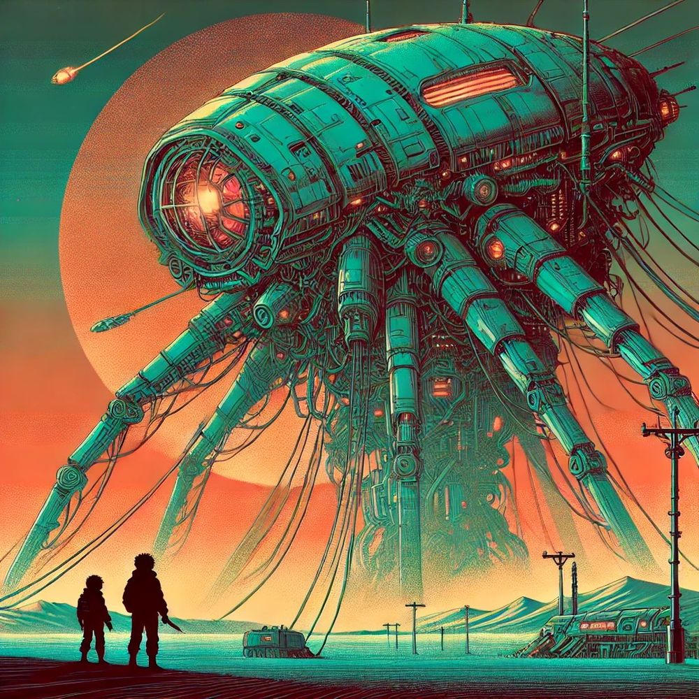An illustration in retro anime style of a vast insectoid machine walking across the landscape. In the foreground and two youths armed with knives preparing to attack it