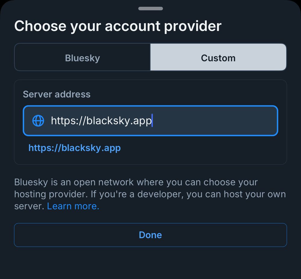 Screen shot of custom server address entry 
