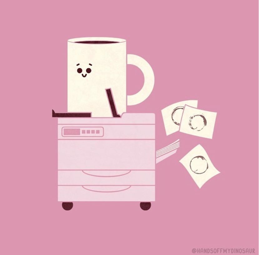 A coffee mug sitting on a copy machine and the images coming out are coffee mug rings.