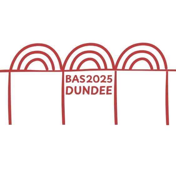 Red logo showing a rail bridge icon with three rainbow-esque arcs representing the sides of the bridge. Text reads "BAS2025 DUNDEE"
