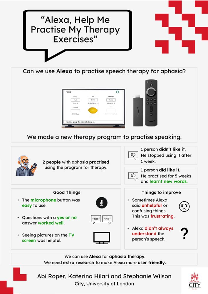 Poster showing a resrach project with 2 people. They practiced semantic feature analysis therapy using a custom built alexa skill on the Amazon Firestick. One person practised successfully for 5 weeks and made a significant improvement in naming ability. A second participant tried the therapy for one week and then discontinued because of frustration with the speech recognition.