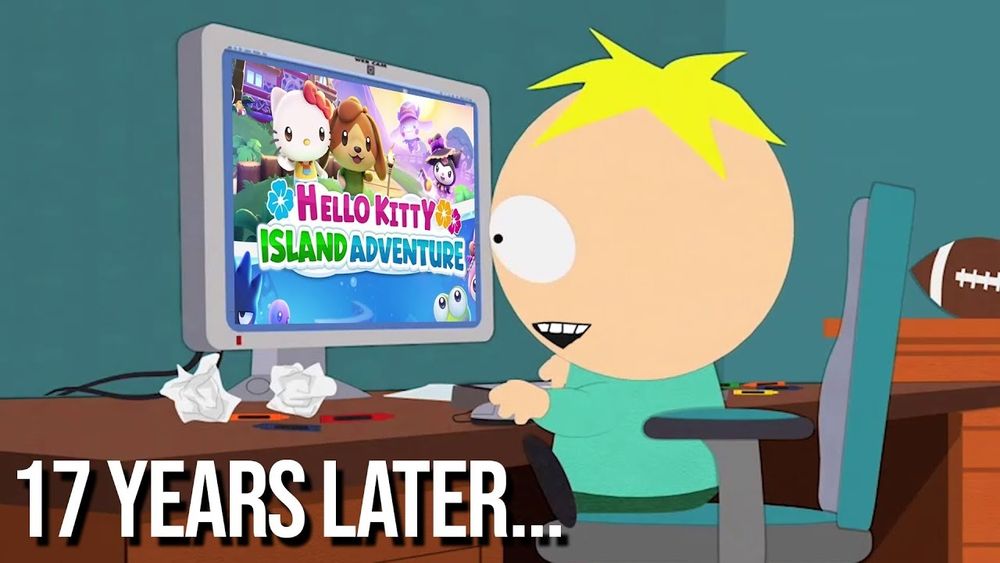 Butters Stotch, from the animated series South Park, playing Hello Kitty Island Adventure on his computer.