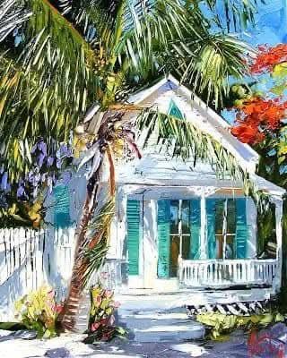 “Island Life”, Oil on Linen by artist Peter Vey. (Painting of a beach house, Key West.)