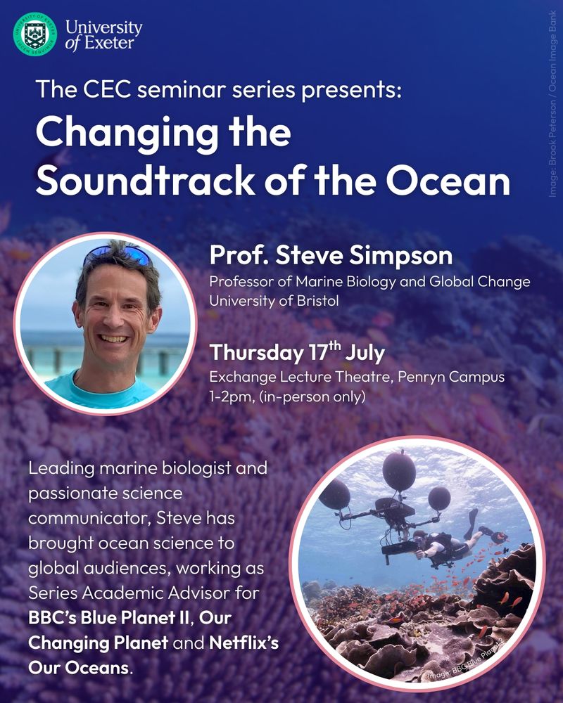 poster for event at the university of exeter. the talk is titled 'chaning the soundtrack of the ocean' and is by professor steve simpson.