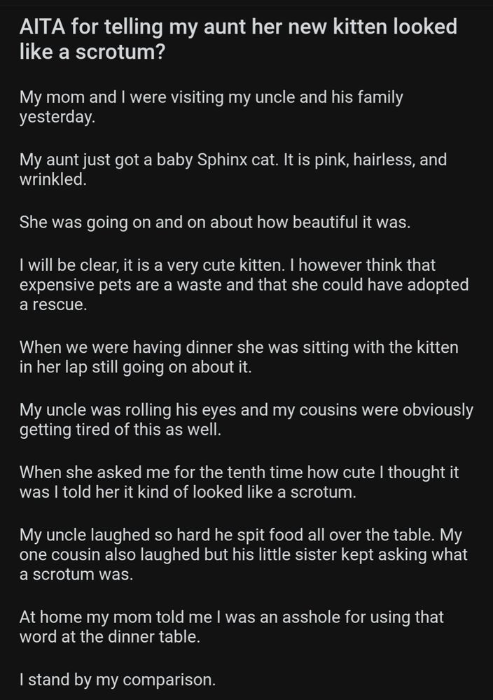 AITA for telling my aunt her new kitten looked like a scrotum?

My mom and I were visiting my uncle and his family yesterday. 

My aunt just got a baby Sphinx cat. It is pink, hairless, and wrinkled. 

She was going on and on about how beautiful it was. 

I will be clear, it is a very cute kitten. I however think that expensive pets are a waste and that she could have adopted a rescue. 

When we were having dinner she was sitting with the kitten in her lap still going on about it.  

My uncle was rolling his eyes and my cousins were obviously getting tired of this as well. 

When she asked me for the tenth time how cute I thought it was I told her it kind of looked like a scrotum. 

My uncle laughed so hard he spit food all over the table. My one cousin also laughed but his little sister kept asking what a scrotum was. 

At home my mom told me I was an asshole for using that word at the dinner table. 

I stand by my comparison.