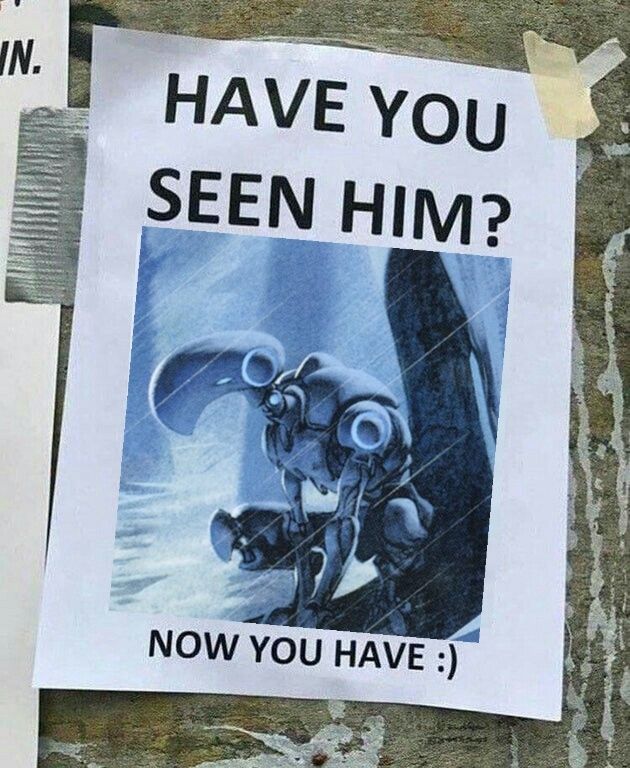 A paper flier attached to a phone pole. Black text at the top of the flier reads "HAVE YOU SEEN HIM?" A picture of Silver Myr by Kev Walker follows. Beneath the image, more text reads: "NOW YOU HAVE :)"