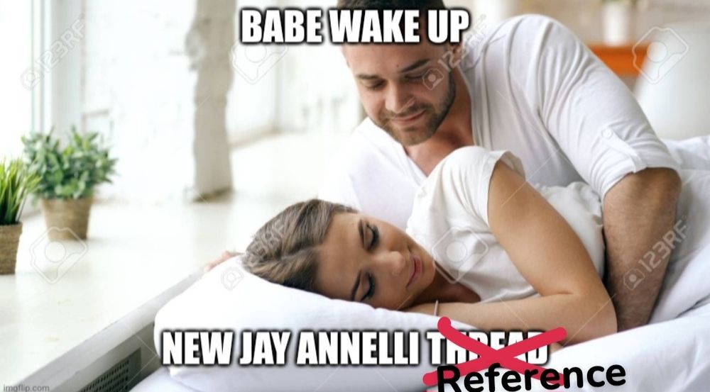The "babe wake up meme" showing a man waking up a woman in bed. The caption reads "babe wake up. New Jay Annelli thread" but "thread" is crossed out and replaced with "reference"