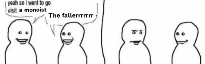 The "friendly visitor" two-panel meme comic. The first panel shows two individuals talking. The first says, "yeah so I went to go visit a monoist" and the second cuts in with "the fallerrrrrrr". The second panel shows character 1 staring at character 2 questioningly. 