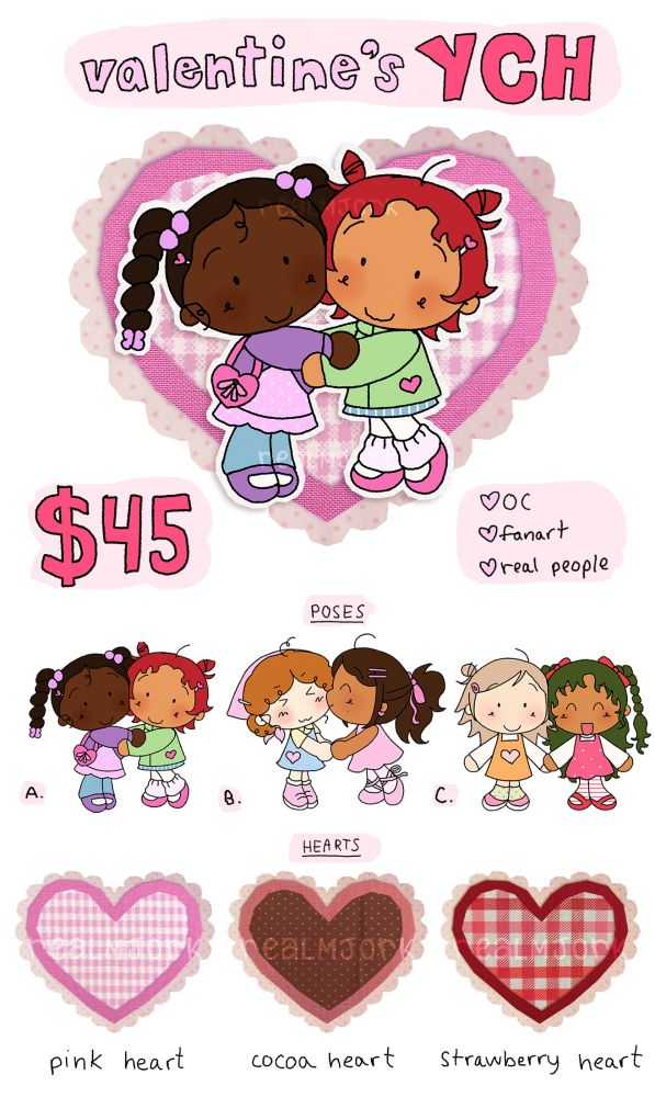 my valentine's themed commission sheet, featuring chibi drawings of characters hugging, kissing, and holding hands. the background is a heart made of fabric
