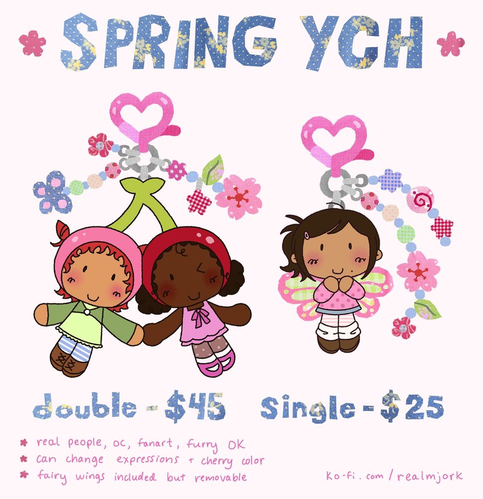 commission sheet with two pose options of characters on a keychain with beads made of fabric. the first option has two characters wearing a connected cherry hat and holding hands, and the second option has a character with fairy wings.