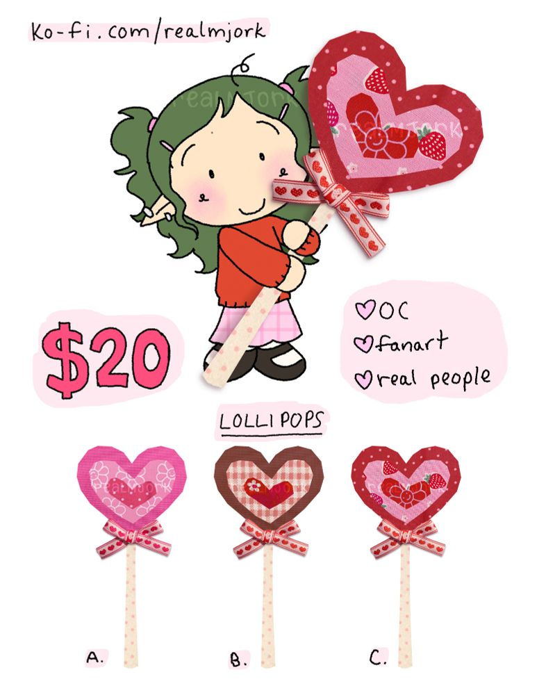 valentine's themed commission sheet of a chibi character holding a big lollipop made of fabric