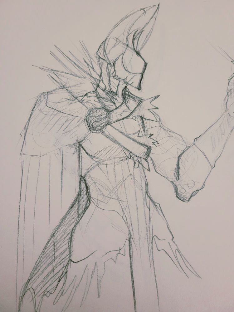 A waist up pencil sketch of an Omen Subjugator OC.