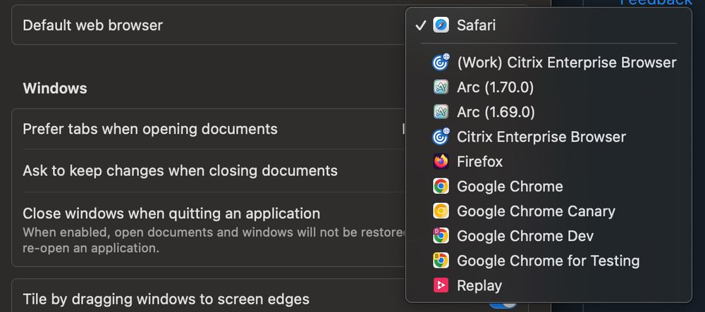 Selecting Safari browser as my new default in the macOS system preferences.