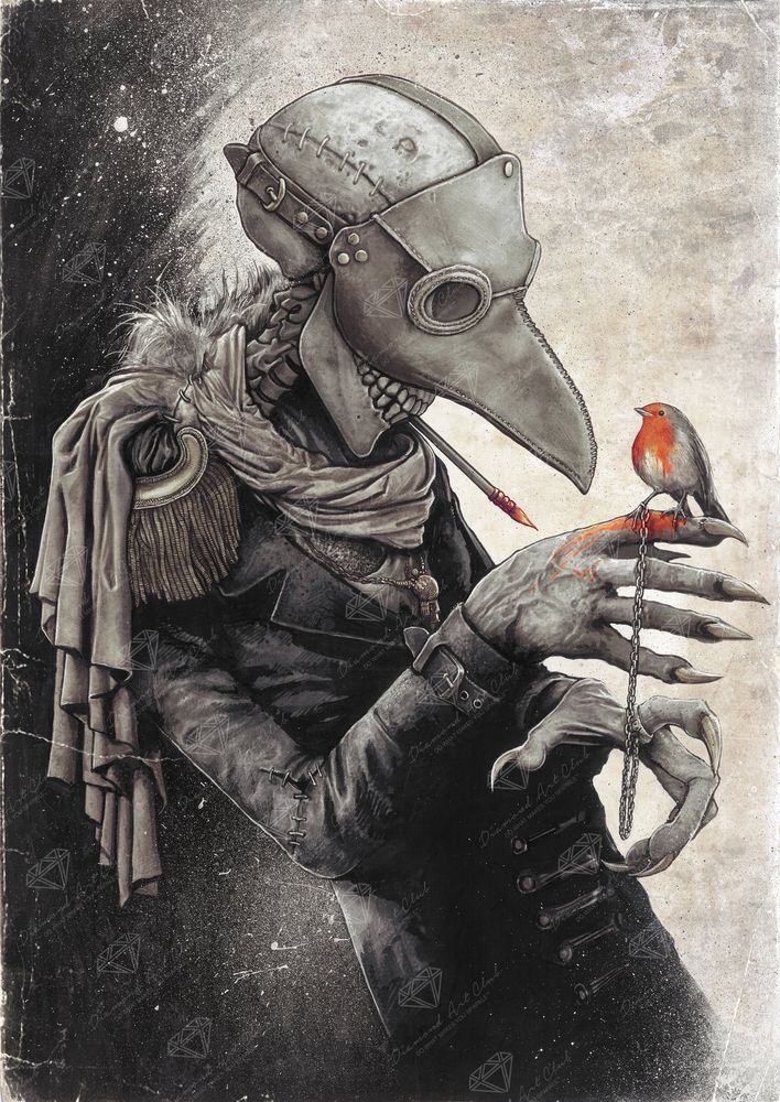 Plague doctor monster with bird perched on its finger, an artist’s paint brush held in its mouth.

Art by Christopher Lovell