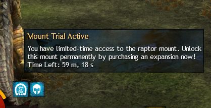 gw2 mount traial active pop-up displaying 59 mins and 18s left.