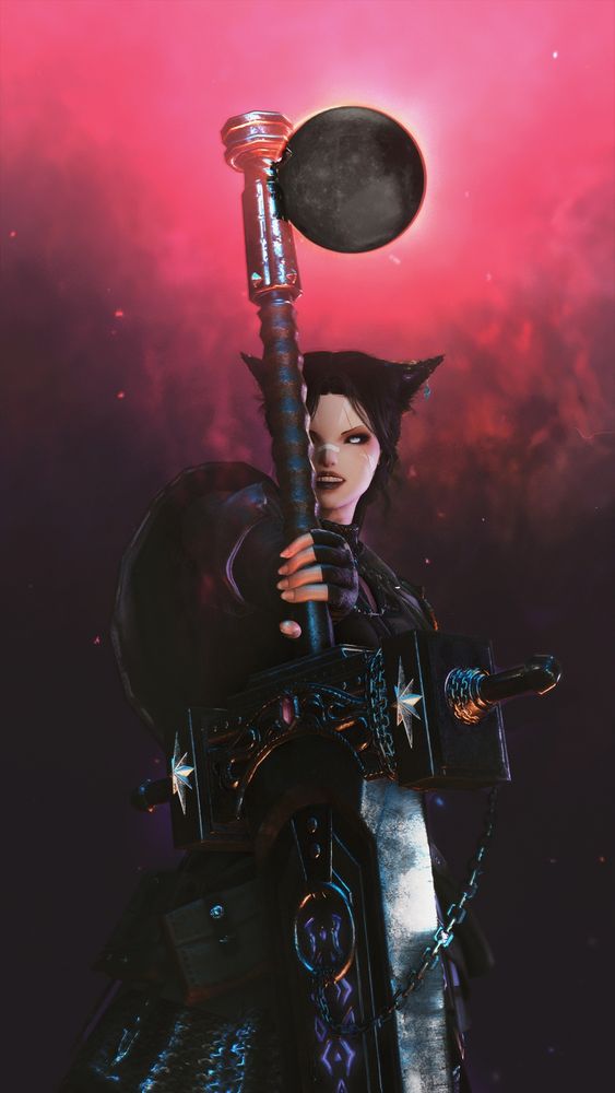 a miqo'te gripping a dark sword underneath a full moon against a pink and purple fog background