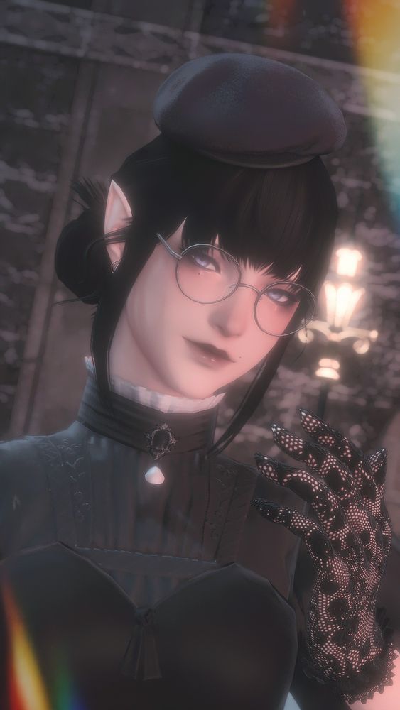 Marielle, an elf oc offers a slight smile to the camera. Her head is tilted to the side and she has a hand, wrapped in a lace glove to, raising up, but not quite near her face.