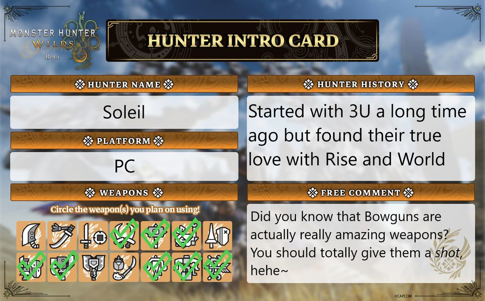Soleil Wakanas "Hunter Intro Card" as provided by the official Monster Hunter Twitter account