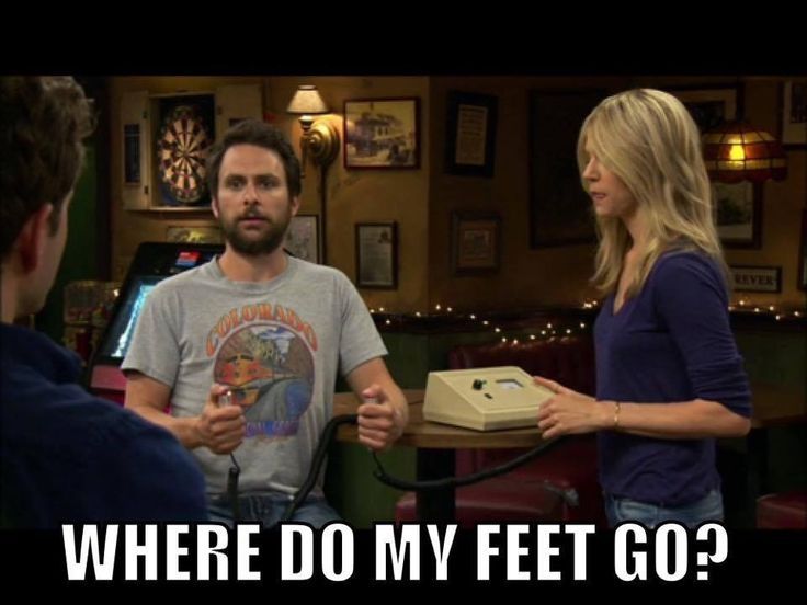 Screenshot from It's Always Sunny in Philedelphia, where Charlie Kelly is holding two metal sensors and asking "where do me feet go?"