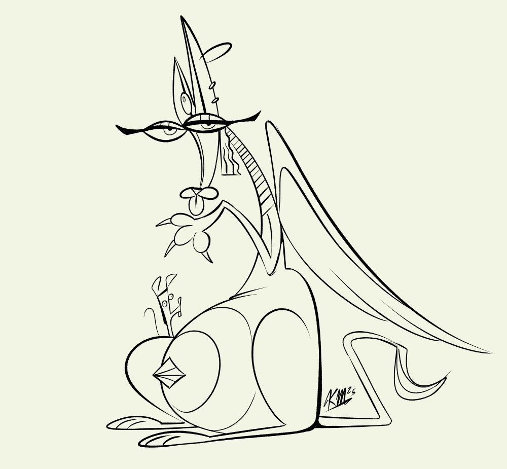 Sanura, a potbellied sphinx lazily licks her paw while looking at the viewer. Her little mouse pal Kael pokes his head up from behind her.