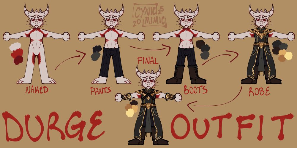 A sheet breaking down The Dark Urge’s outfit with 5 chibi drawings of Durge, each one adding a part of his outfit; naked, pants, boots, robe, and finally the crossing belts on his chest and his cuffs/arm braces.