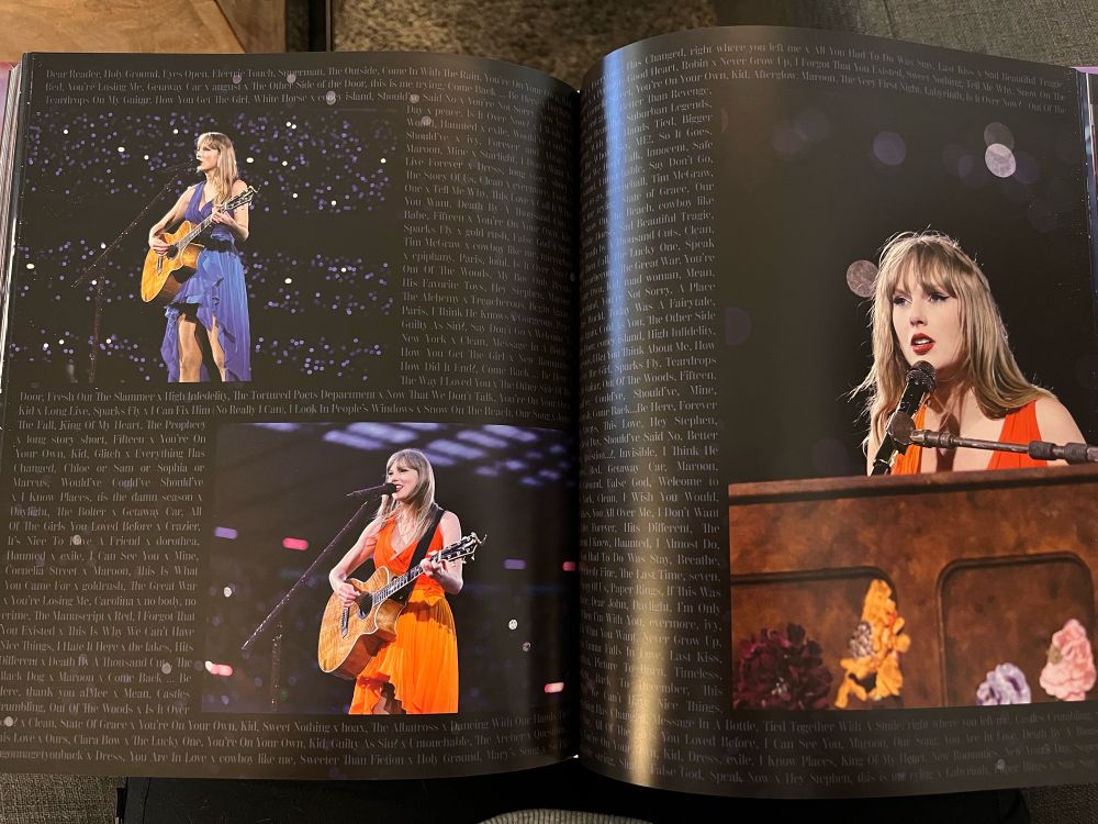 A two page spread in The Eras Tour book with photos of Taylor Swift during the acoustic set of The Eras Tour