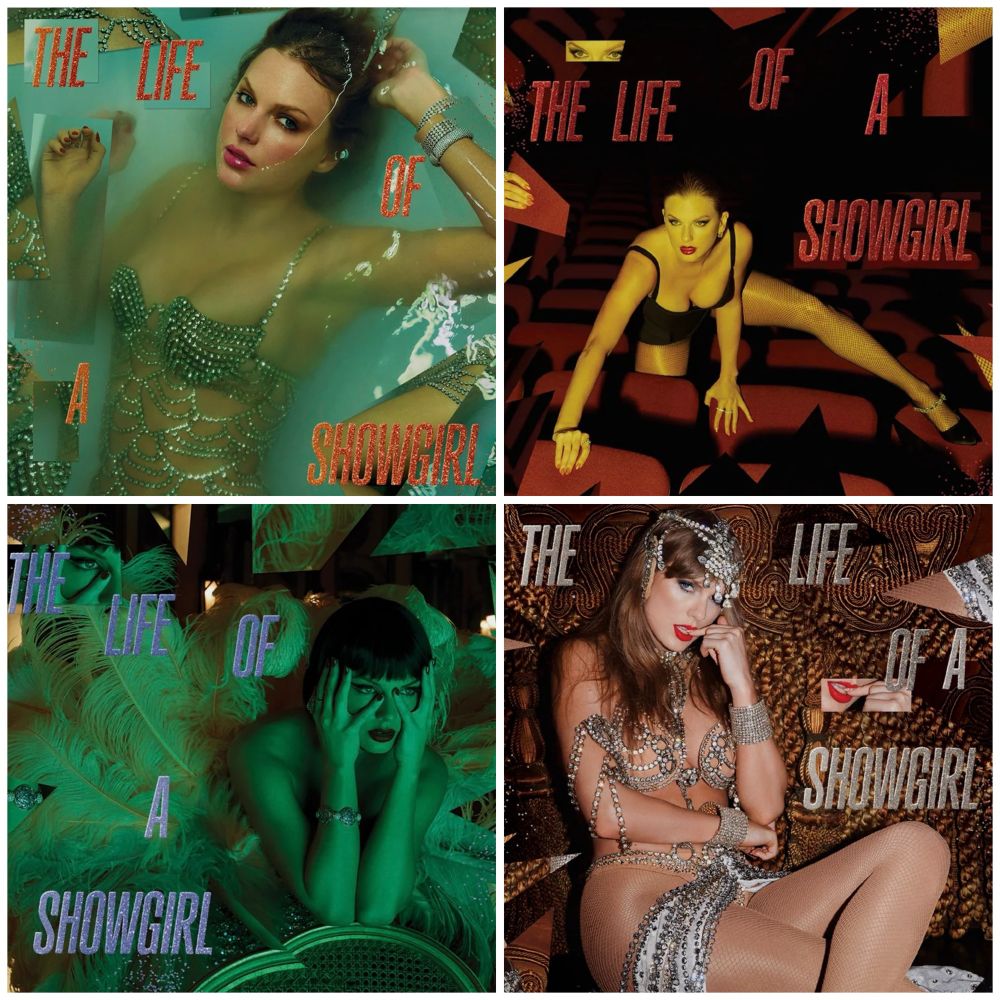 Collage of four different cover variants for Taylor Swift’s album “The Life of a Showgirl.” Top left: Taylor submerged in a turquoise bathtub, wearing a beaded bra top and jewelry, looking up at the camera, with orange text overlaid. Top right: Taylor in a black bodysuit and fishnet tights crawling between red theater seats, red text overlaid. Bottom left: Taylor lit in green, surrounded by large ostrich feathers, resting her face in her hands with purple text overlaid. Bottom right: Taylor sitting against an ornate gold backdrop, wearing a jeweled bra and headpiece with nude fishnet tights, silver text overlaid.