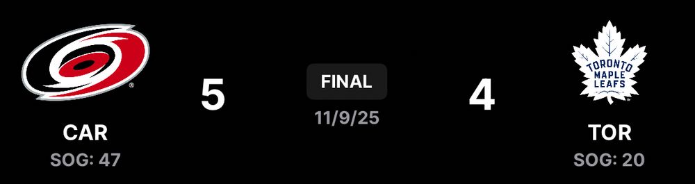 Screenshot showing the final score of a hockey game between the Carolina Hurricanes and the Toronto Maple Leafs on November 9, 2025. Carolina won 5–4 with 47 shots on goal, while Toronto had 20.