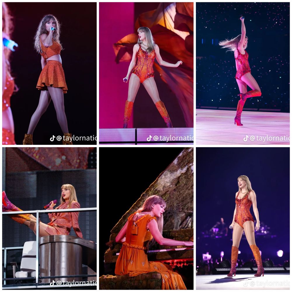 Six-photo collage of Taylor Swift performing during The Eras Tour, all in vibrant orange-themed outfits. Looks include an orange crop top and skirt, multiple glittering orange bodysuits with matching boots, and a flowing yellow-orange dress while playing the piano. The post, shared by Taylor Nation, is widely seen as confirmation that the next era will be orange.