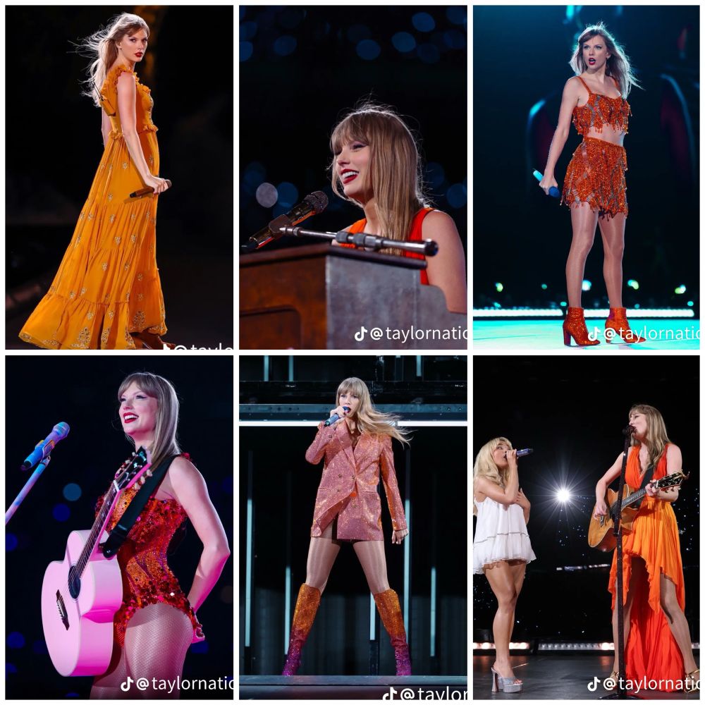 Six-photo collage of Taylor Swift on stage during The Eras Tour in a range of orange and gold outfits, including a flowing golden maxi dress, sparkling orange bodysuits, a fringed two-piece set, and an orange blazer with sequin boots. One photo shows her performing alongside Sabrina Carpenter, who is wearing a short white dress. Shared by Taylor Nation, the collection is seen as confirmation that the next era will be orange.