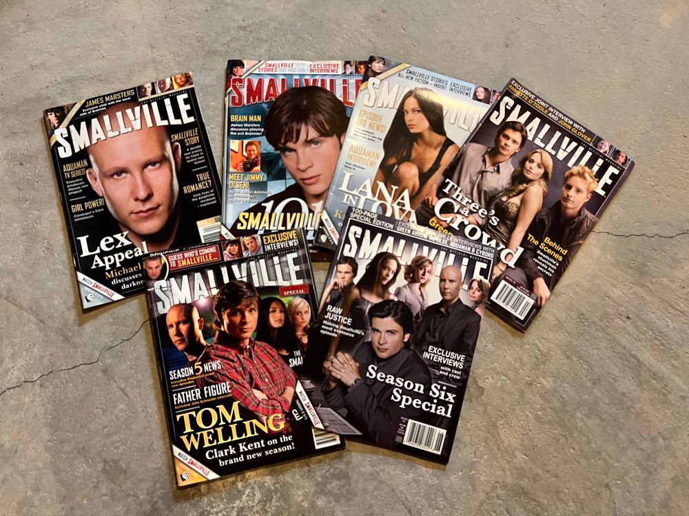 A collection of six Smallville special edition magazines arranged in a fan shape on a concrete floor. Each cover features characters and actors from the TV show. From left to right:
	1.	A close-up of Michael Rosenbaum as Lex Luthor with headlines like “Lex Appeal” and “Girl Power!”
	2.	Tom Welling as Clark Kent under the headline “Brain Man,” with smaller images of supporting characters.
	3.	Kristin Kreuk as Lana Lang in a glamour pose, with the headline “Lana in Love.”
	4.	Erica Durance, Justin Hartley, and Aaron Ashmore with the headline “Three’s a Crowd.”
	5.	Tom Welling in a red plaid shirt, featured under “Tom Welling: Clark Kent on the brand new season!”
	6.	A group shot of the main cast, including Welling, Rosenbaum, and others, with the title “Season Six Special.”

Each magazine highlights cast interviews, behind-the-scenes features, and episode previews.