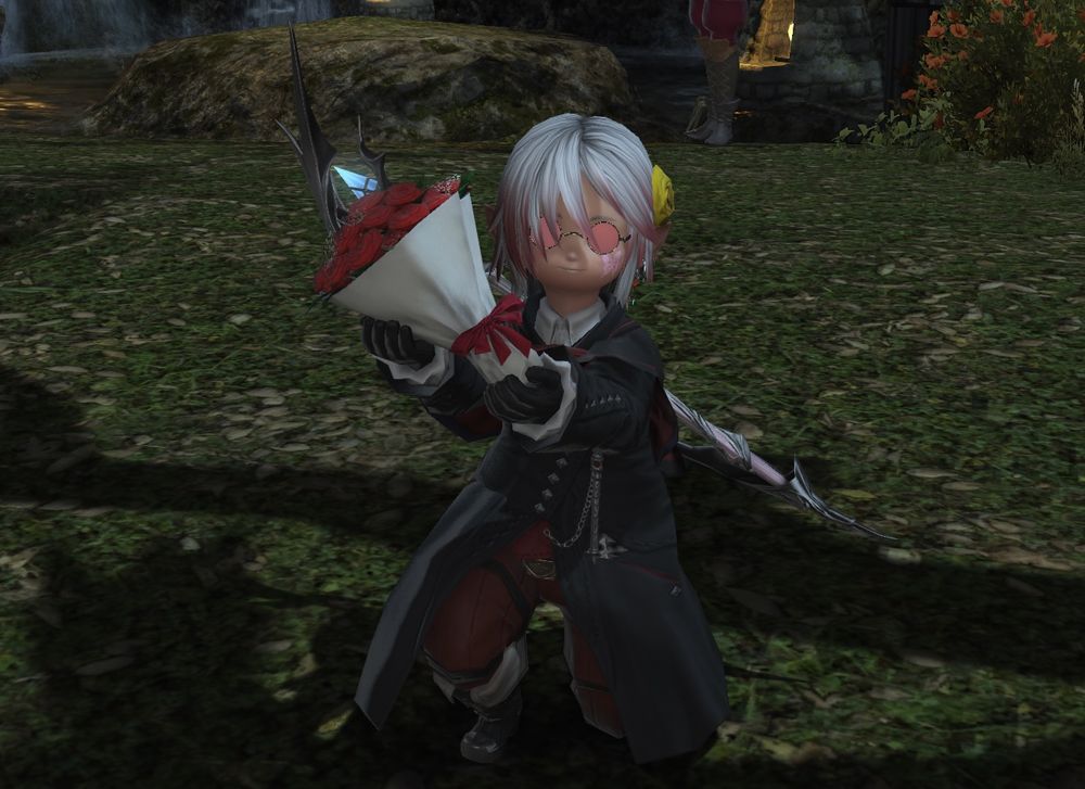 An image of a lalafell holding out a bouquet of roses