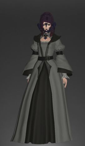 Rose A'kan wearing the Ishgardian Gown dyed soot black. Notably, despite the dye used being black it has turned the gown predominantly an ugly gray color instead of black.