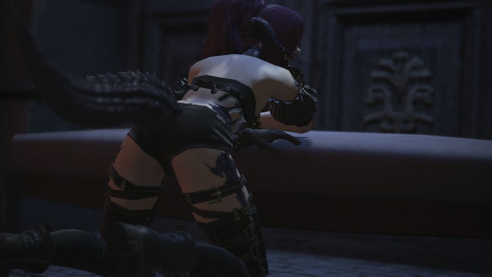 Rose A'kan leaning over a bench, her ass jutting out behind her.