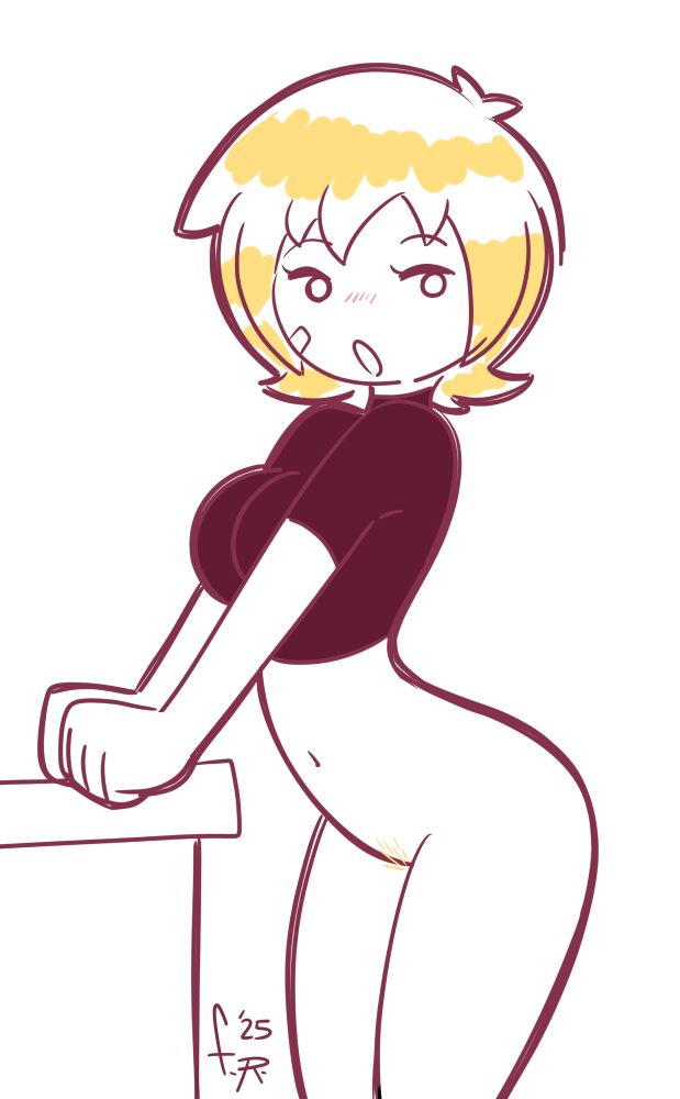 My OC Gumm leaning over a counter, wearing a black shirt, but no pants or underwear. This is an alt where a little pubic hair was also added.
