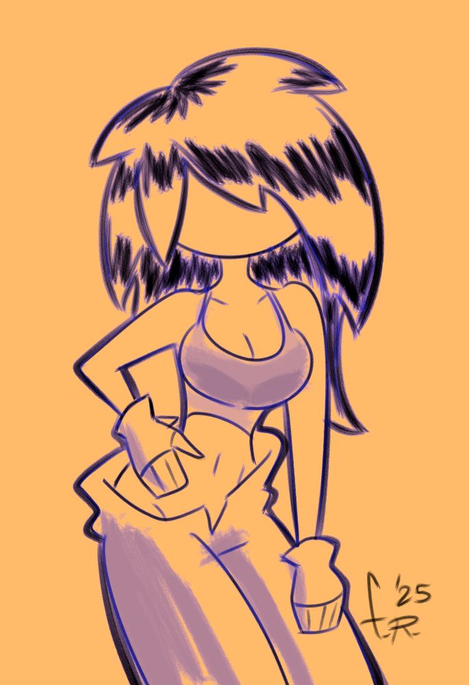 Quick doodle of a girl wearing a tanktop, big baggy pants, and gloves.
