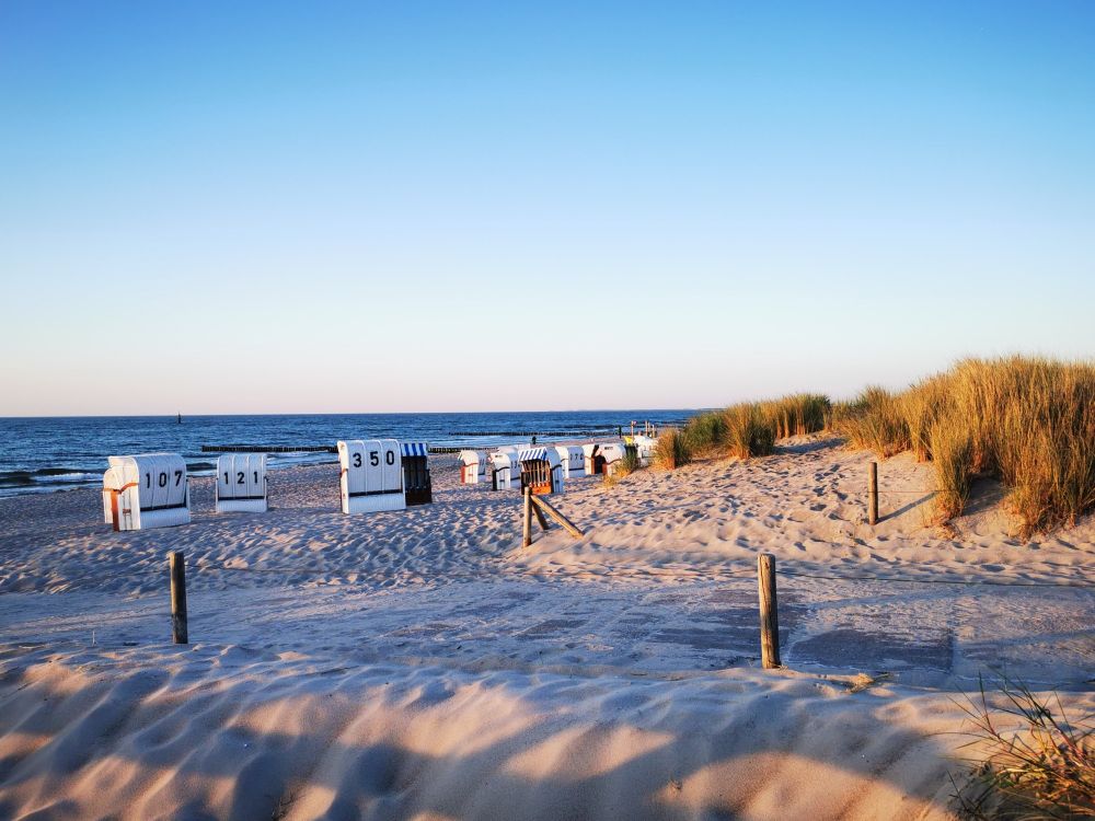 Strandabschnitt mit Strandkörben  in Graal-Müritz zur goldenen Stunde.