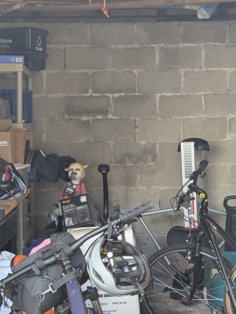 Inside of a garage. You can see bikes and exercise equipment and, in the back, a Halloween decoration of a baby with demonic eyes, horns, and barbed wire in her mouth.