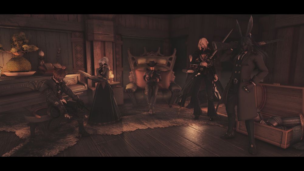 Four figures stand at the ready in defense of a fifth in the dusty interior of a Shaaloani bar. (From left to right:) D’khisa Tia, a red-haired male Miqo’te dressed in weathered cattleman attire sits in front of a piano, dual revolvers pointed indiscriminately away from the group.
Shino Kane, a white-haired female Au'ra dressed in a Western-style dress and petticoat, appears to be looking over a grimoire, belying an acute awareness of the viewer.
Ru Quiethands, an auburn-haired female Highlander dressed in a somewhat revealing western bandit outfit, remains seated in the middle of the group, her head pointed downwards to obscure her face.
Irys Carmichael, a blonde-haired female Elezen dressed in a ragged and torn half dress and slacks has her blade drawn, the point facing up and away from the viewer, but clearly ready and anticipating action.
Kymani O'Road, a silver-haired male Viera dressed in a double-breasted sheriff's outfit menacingly has a lever-action rifle at the ready, staring down the viewer with an air of disdain.
