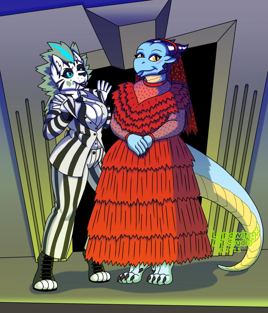 A dragoness dressed as Lydia being flirted with by a saber-tooth tigress dressed as Beetlejuice.