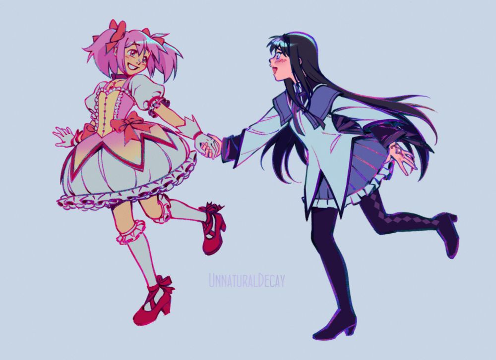 Digital Drawing of Madoka and Homura from Mahou Shoujo Madoka Magika. they are holding hands and running togerher