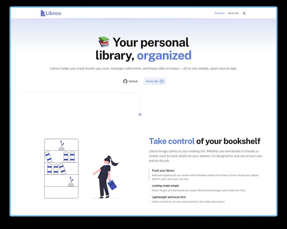Landing page for Libroo, an open-source app designed to help users track their books, organize collections, and manage loans. The page highlights features like library tracking and easy lending.
