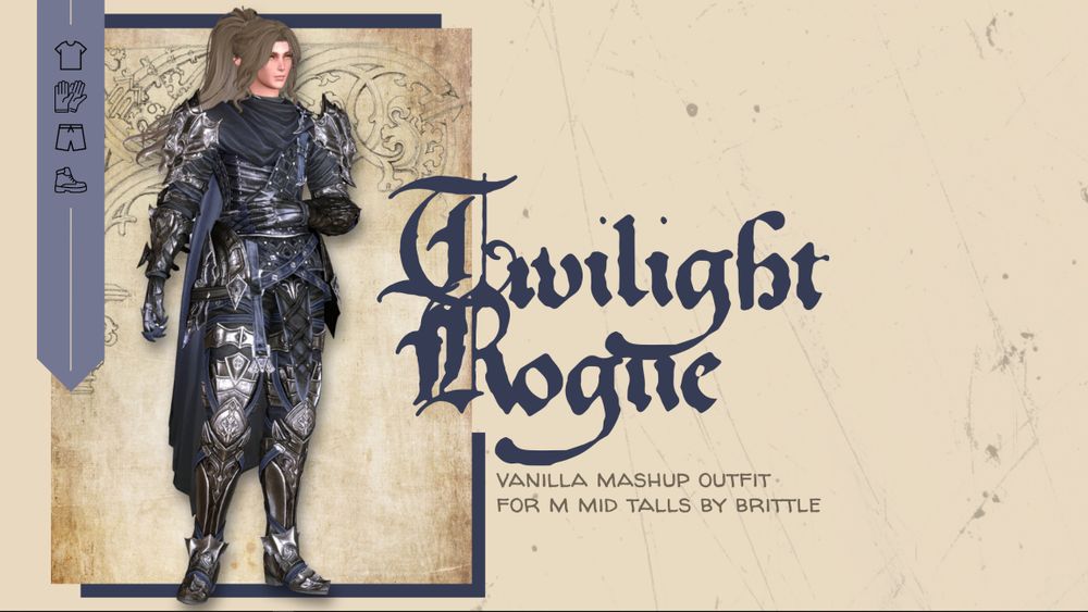 A thumbnail which shows off my latest mod titled Twilight Rogue which is a vanilla mashup outfit for masc midlander bodies. The outfit is a mix of plate and padded leather which has high fantasy vibes. Its suitable for tanks and brawler types as it has a armorered yet primal look to it. The color scheme is a mix of black, silver, and a dusky steel blue.