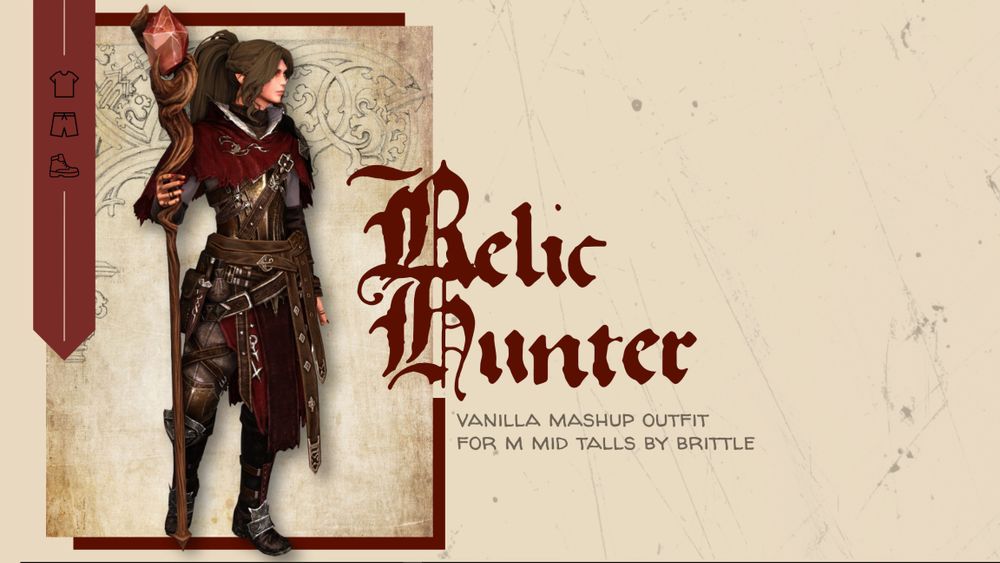 A thumbnail which shows off my latest mod titled Relic Hunter which is a vanilla mashup outfit for masc midlander bodies. The outfit is a mix of plate, cloth and leather which has high fantasy vibes. The color scheme is a mix of red, silver, gold and brown.