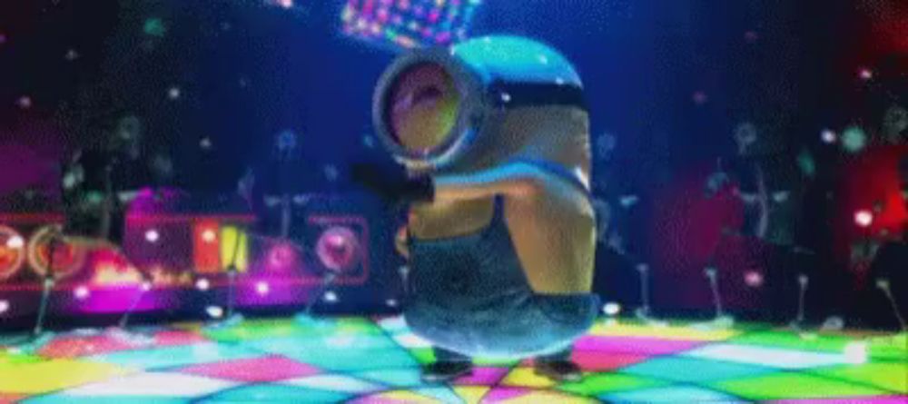 a pixelated image of a minion dancing on a disco floor