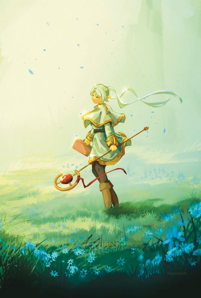 an illustration of Frieren standing in a field harshly lit by sunlight, holding her staff in one hand and her briefcase in the other. She has a wistful expression on her face as blue flowers and petals blow in the wind. Her pigtails and capelet are aloft in the wind.