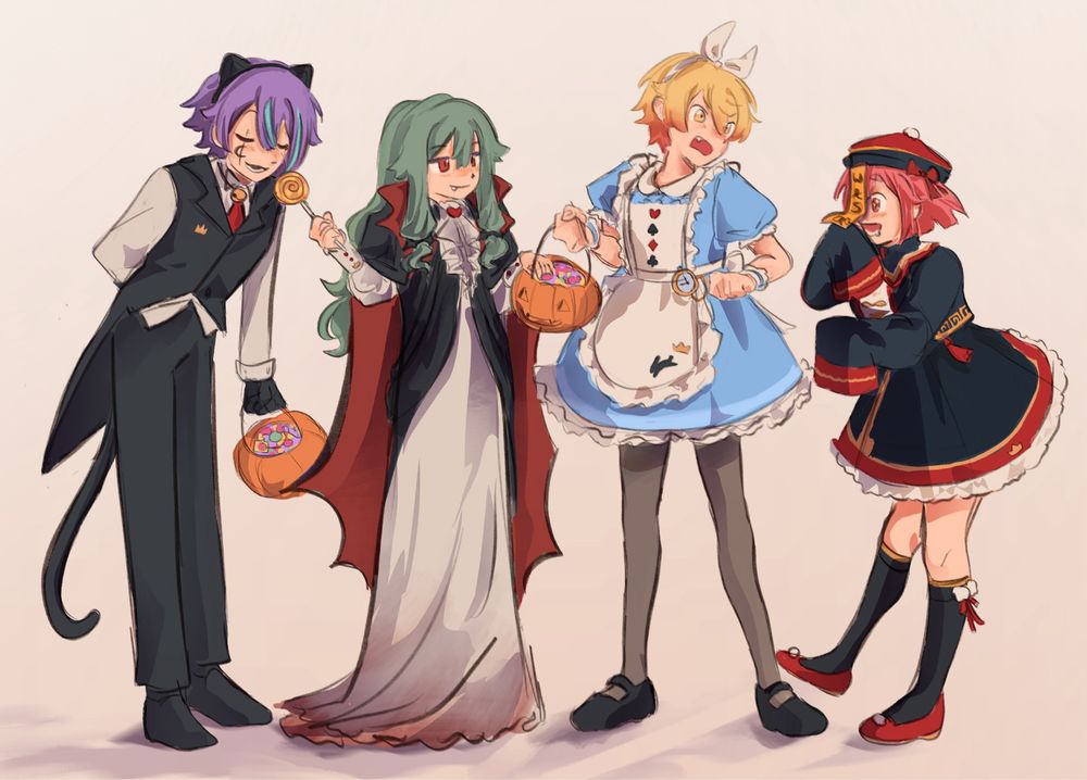 an illustration of Wonderlands X Showtime in halloween costumes. Emu is a jiangshi and staring at Tsukasa's candy, drooling. Tsukasa is dressed as Alice in Wonderland, looking at Emu and holding the candy bucket away from her angrily. Nene is dressed as a vampire and stealing candy from Tsukasa's bucket while he's not looking, offering a lollipop to Rui. Rui is dressed as a black cat and leaning over to eat the lollipop.