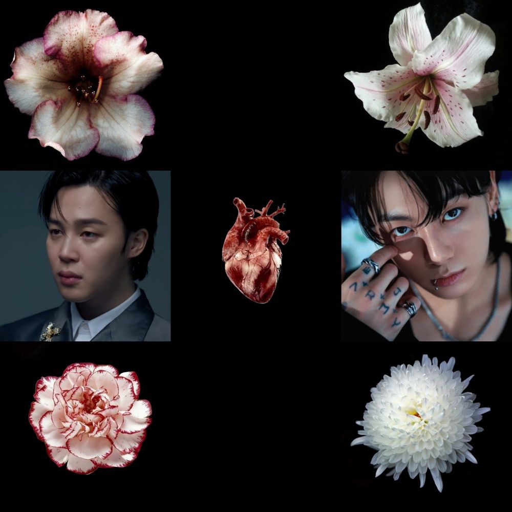 A moodboard featuring Jimin and Jungkook with white flowers contrasting a black background. An anatomical heart is center. 