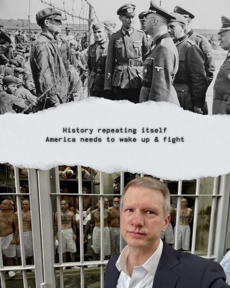 Picture of SS troops standing a fence where they were holding prisoners in Germany. Below it is a picture of a GOP Senator in front of the prisoners at CECOT. History repeating itself
America needs to wake up & fight